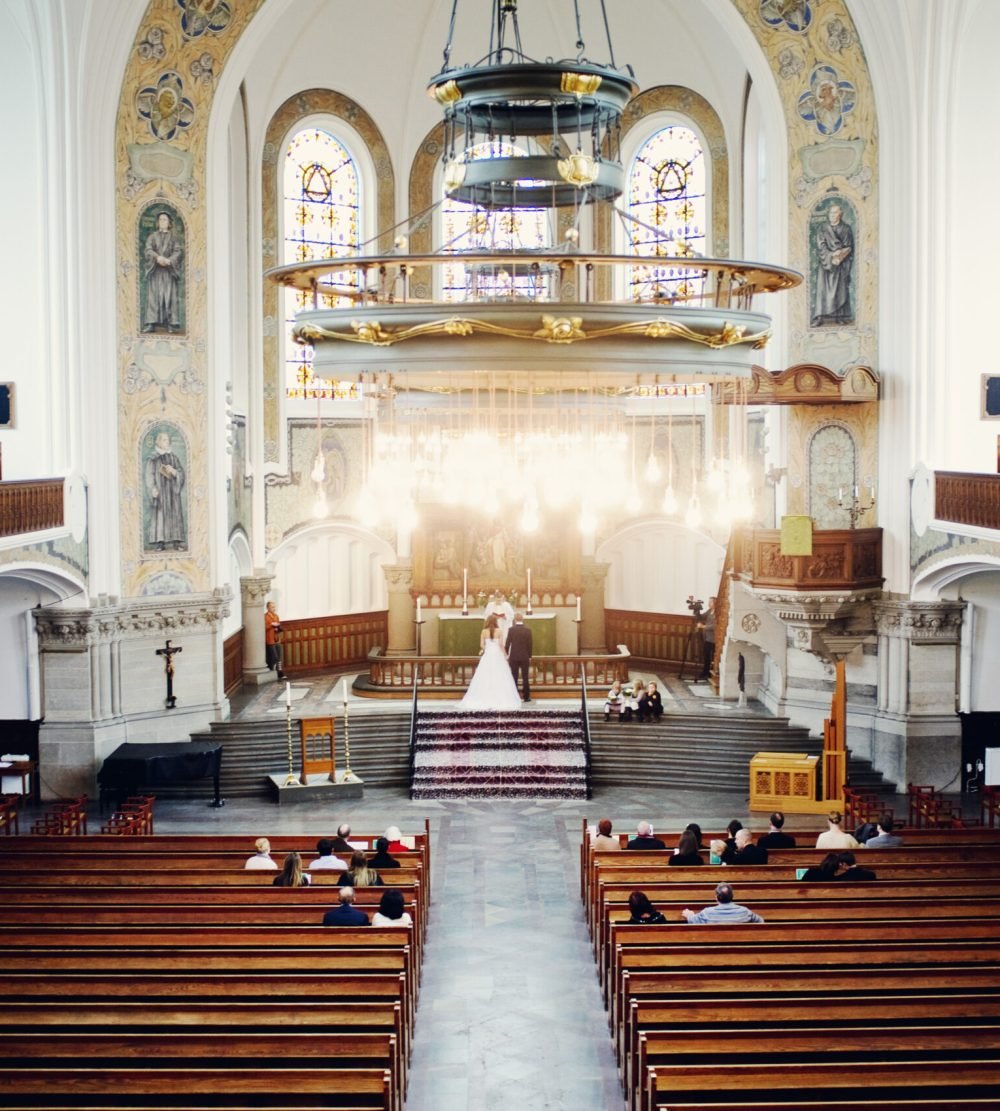 High angle view of wedding ceremony in church